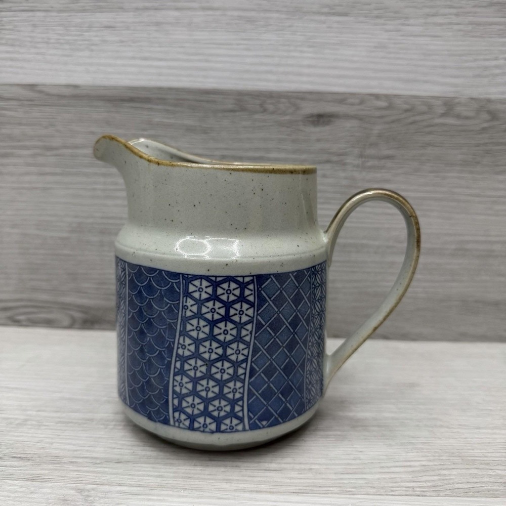 Takahashi Japan Gray Stoneware Pitcher Blue Geometric Creamer MCM VTG